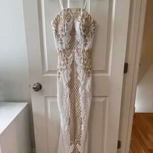 Bariano Australia White & Gold Strapless Sequined Gown